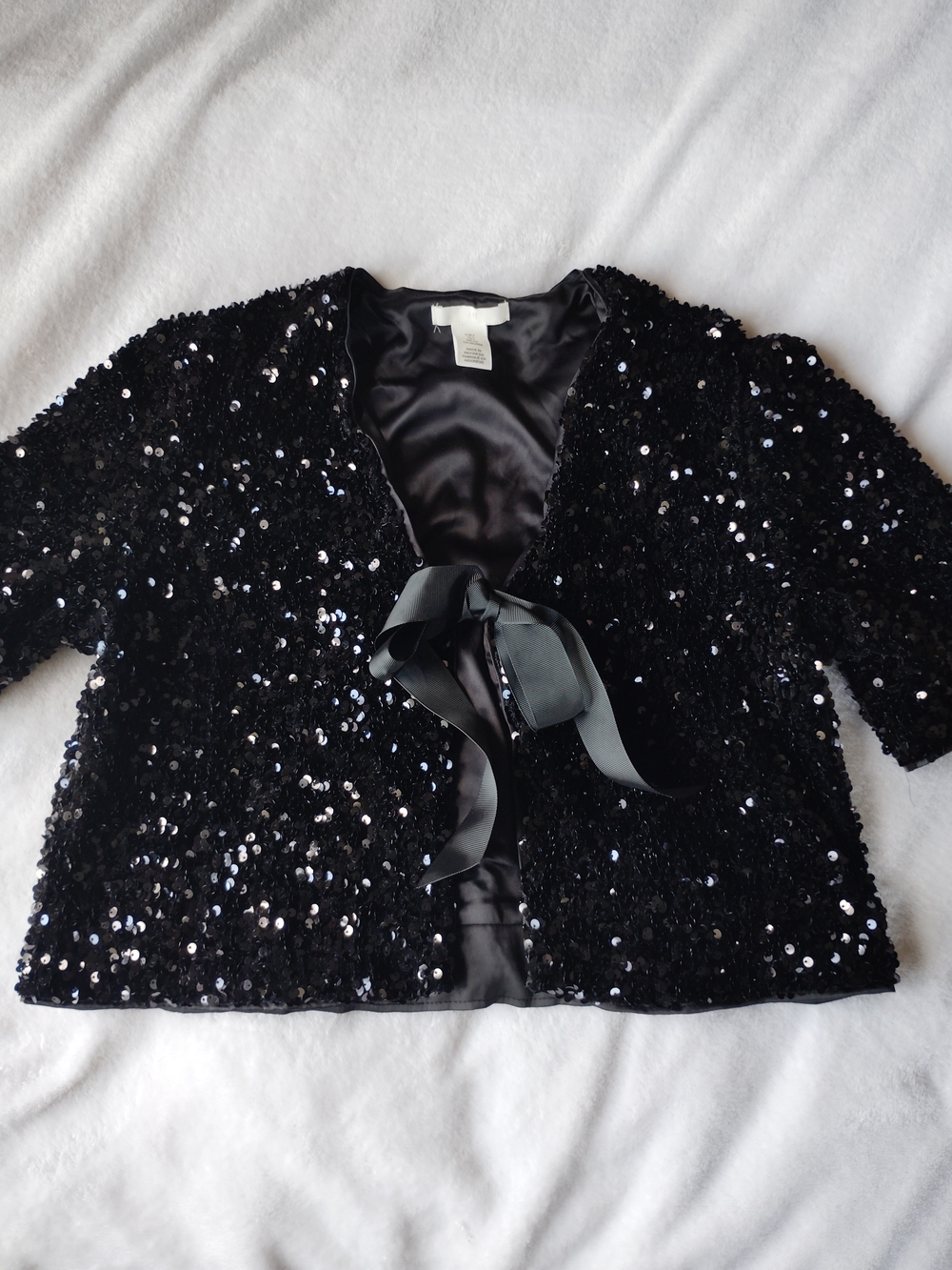 H&M Black Sequin Tie-Front Cropped Jacket Ribbon Bow Blazer Small